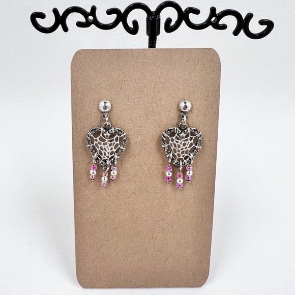 New / Hand Crafted - Silver Tone Heart Dreamcatcher & Pink Beaded Post Earrings. - Picture 6 of 7